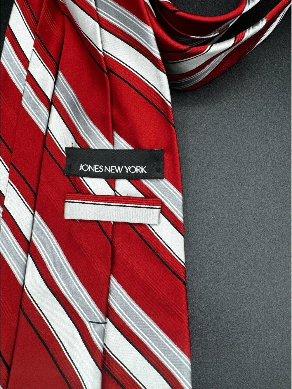 Jones New York Silk Tie Red White Gray Striped Wide 60”x4” Teacher Preppy School